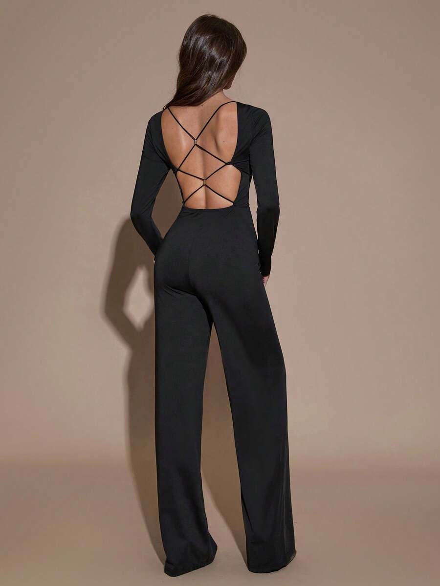 SHEIN BAE Autumn Solid Black Elegant Night Out Backless Jumpsuit,Women's Square Neck Long Sleeve Wide-Leg Jumpsuits For Party,Daily,Date,Formal,Valentine - Black - View 1