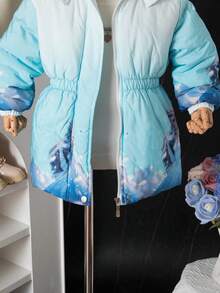 Girls Casual Fashionable Versatile Thick Padded Coat With Printed Princess Pattern, Long Sleeve, Fur Collar, Autumn/Winter New Winter Puffer Jacket Girls Coat Wear Young Girl Coats Girl Winter Jacket Girls Coats Winter - Blue and White - View 8