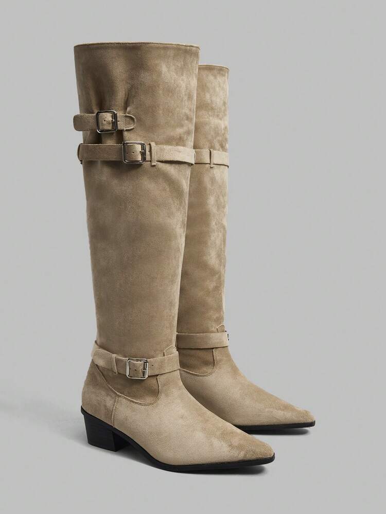 Women's Fashion Versatile Commute Adjustable Buckle Chunky Heel Knee-High Boots For Christmas