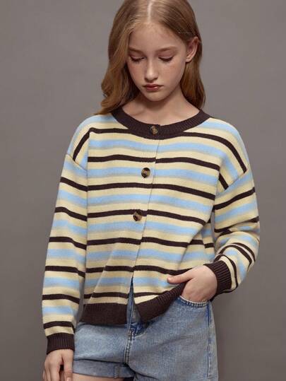 Oversized Button Through Drop Shoulder Knitted Stripe Jumper Fall, Autumn, Old Money, Cute, Country, Cottage Core, Casual Lounge Cardigan For Girls Butterscotch Christmas Work Office Winter Thanksgiving Chic