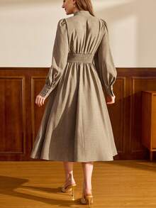 Vintamour 复古优雅女士连衣裙，带口袋，衬衫式设计，纽扣闭合，休闲工作度假连衣裙，长袖优雅连衣裙，灯笼袖连衣裙，法式连衣裙，冬季连衣裙，女士冬季服装，女士冬季连衣裙，女士圣诞服装，圣诞连衣裙，新年连衣裙，女士新年夜连衣裙，新年服装，女士新年服装，新年服装，女士优雅连衣裙，女士优雅连衣裙，棕色连衣裙 - 棕色 - 查看 4