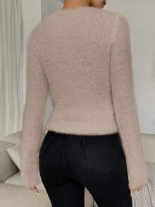 Xyvia 休闲纯色镂空修身毛衣，秋冬季 - 杏色 - 查看 2