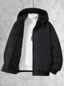 Vacaura 1pc Teens/Youth Solid Color Stand Collar Hooded Padded Coat, Suitable For Winter Casual Outdoor Activities - Black - View 1