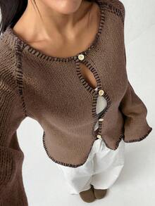 Jeanoix Áo khoác cardigan tay chuông viền màu tương phản thường ngày dành cho nữ, Thu/Đông - màu nâu - Xem 3