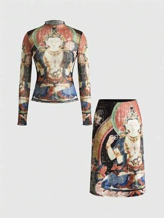 J-Fashion لوحتان للبوذا والتصميم الزهري الأسيوي الجمالي مجموعة للنساء