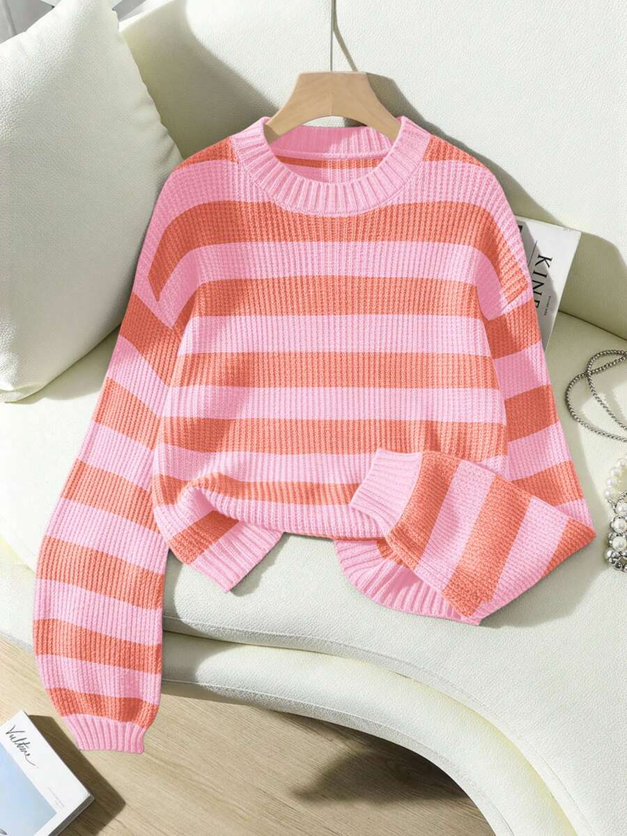 Franclia Casual Loose Fit Striped Lantern Sleeve Sweater With Contrasting Colors,Long Sleeve Tops, Knit Pullover Fall Winter - Multicolor - View 1