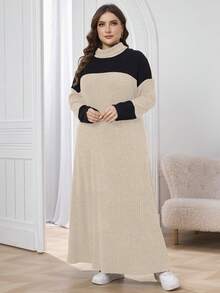 Lacomfia 大码女式撞色高领落肩长袖罗纹休闲宽松连衣裙，秋季休闲T恤长裙，适合日常休闲穿着 - 杏色 - 查看 5