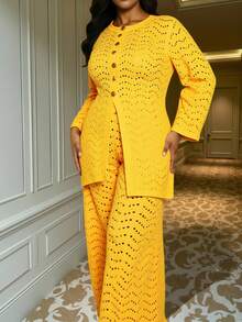Veslaya Amarillo Mostaza,Otoño,Casual Elegante,Conjunto de 2 Piezas de Punto para Mujer Talla Grande,Conjunto de Cárdigan de Crochet de Manga Larga y Pantalones,Atuendo de Estilo Callejero Occidental - Amarillo - Ver 9
