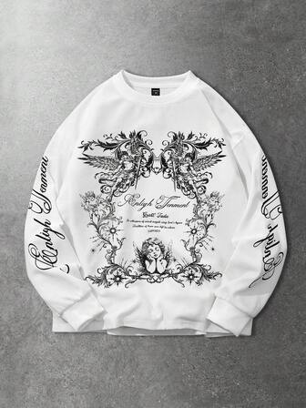 Maglietta casual da uomo a maniche lunghe, girocollo, vestibilità ampia, con stampa slogan angelica