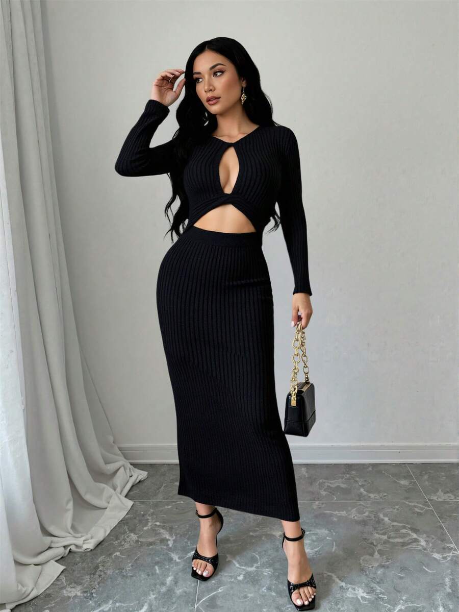 Islaluna Hollow Out Sexy Fitted Solid Color Fashionable Long Sleeve Dress Black Cut Out Dress Hollow Out Dress Black Sexy Dress Women - Black - View 1
