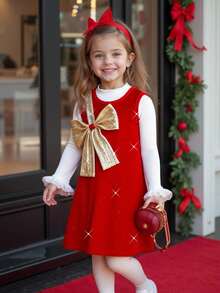 Glamorique Kids Young Girls Christmas Princess Elegant Dress Set,White Turtleneck Knit Sweater With Ruffle Cuffs,Gold Sequin Bow Pinafore,Autumn,7th Birthday Outfit - Red - View 6