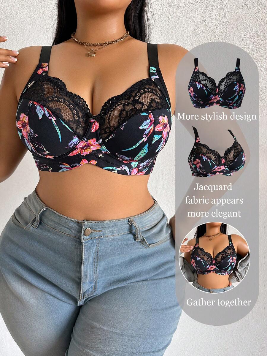 SHEIN 1pc Plus Size Lace Patchwork Wireless Bra - Multicolor - View 1