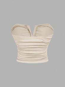 SHEIN MOD 加大码 3 件套 女士棕色深 V 领褶皱吊带背心 - 棕色 - 查看 9
