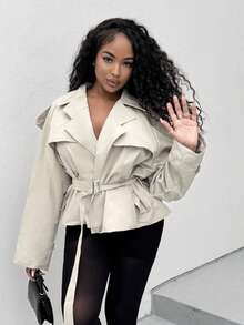 Alexandranx Áo khoác trench coat ngắn thắt lưng khóa cài cỡ lớn cho kỳ nghỉ hè, sân bay, mùa thu, dạo phố, mùa đông, trở lại trường, công sở hàng ngày - Màu be - Xem 4