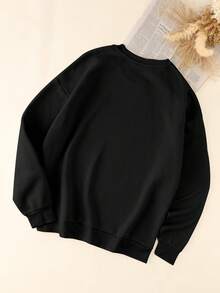 SHEIN LUNE 1 件女式教师图案印花休闲运动衫，圆领长袖套头衫，适合秋冬季，长袖上衣