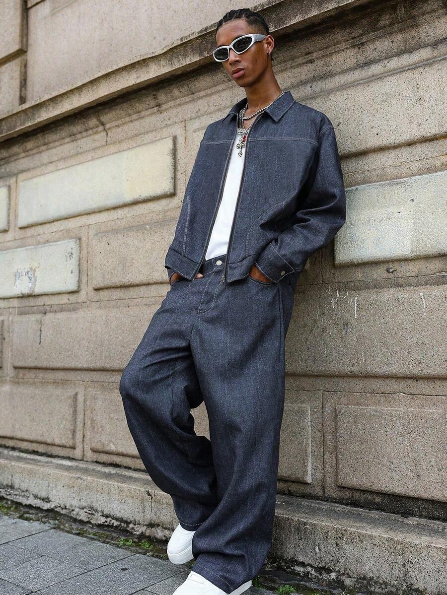 Manfinity EMRG Men's Casual Denim Collar Long Sleeve Shirt And Pants Set,Streetwear,Friends,Matching,Baggy,For Men,Graphic,Japanese Style,Unisex,I Love My Girlfriend - Blue - View 1