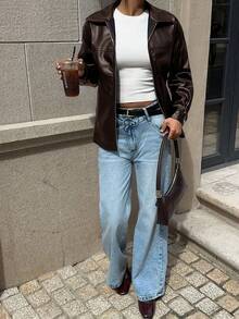 SHEIN Unity Fashionable Versatile Commuter PU Regular Jacket, Autumn - Brown - View 5