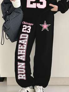 SHEIN Leap Crew Y2K 数字、字母和星星图案休闲街头服饰，嘻哈风格，少女加厚柔软宽松圆领长袖卫衣和运动裤套装，适合秋冬季日常穿着、运动和校园活动。 - 彩色 - 查看 4