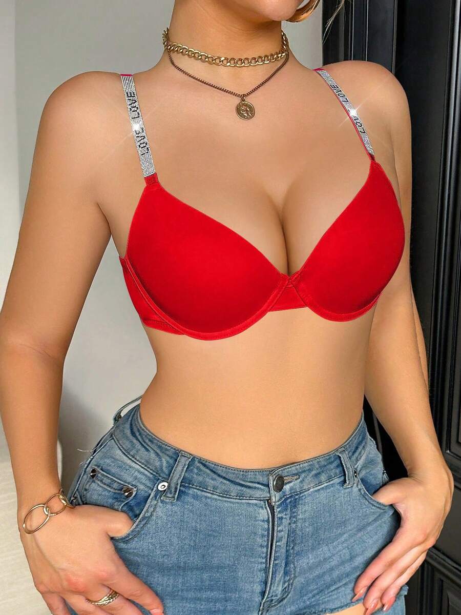 SHEIN Sujetador de mujer cómodo, de soporte, minimalista, con tirantes estampados y con brillos - Rojo - Ver 1