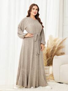 Lacomfia 女士圆领灯笼袖收腰荷叶边下摆休闲秋冬连衣裙，大码 - 杏色 - 查看 5