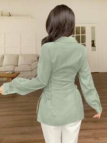 Modelyn Elegant Commuter Solid Color Cross-Tie Waist Fashionable Blouse - Green - View 2