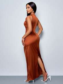 SOLERSUN 女士优雅纯色垂领褶皱无袖派对礼服，非常适合宴会 - 棕色 - 查看 2