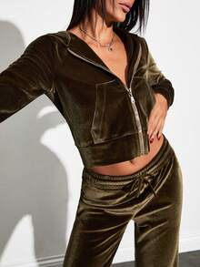 EURMUSE Damen Mintgrüner Samt Zweiteiler - NASTY Hotfix Strass Trainingsanzug, Slim Fit Reißverschluss Hoodie mit Skelett Hand Kristall Design & Hohe Taille Jogginghose, fancy Baddie Y2K Loungewear Set für Teenager Mädchen, kuschelig weicher Komplett-Look - Minzgrün - Übersicht 7