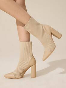 CUCCOO BASICS Giày bốt cao gót mũi nhọn thời trang đa năng cho nữ, cao đến giữa bắp chân, phù hợp để mặc hàng ngày - Màu be - Xem 5