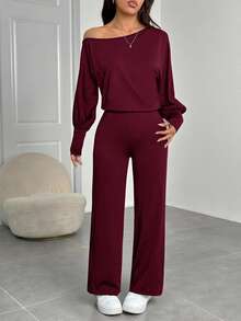 SHEIN PETITE 娇小女款纯色不对称领休闲连体裤，长袖 - 酒紅色 - 查看 9