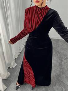 Modelyn 大码女式立领长袖丝绒拼接优雅派对连衣裙，秋冬款 - 彩色 - 查看 3