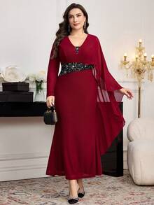 Modelyn Plus Size Women Sequin Patchwork Asymmetric Sleeve Elegant Dress - Burgundy - View 1