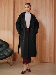 Glisette Women's Fashionable & Elegant Double-Breasted Waist Belt Straight Overcoat - Black - View 5