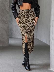 SHEIN Essnce Women's Fashionable Commuter Leopard Print Denim Mini Skirt - Coffee Brown - View 13