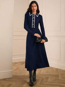 Lilora 女士优雅半开领长袖连衣裙 冬季女装 新年蓝色秋冬缀饰优雅连衣裙 - 藏蓝色 - 查看 3