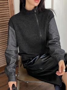 Livesso Women's Loose Business Casual Fashion Stand Collar Street Style Denim Effect Patchwork Knit Jacket, Autumn/Winter - Dark Grey - View 2