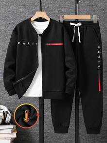 SHEIN 巴黎字母图案彩色条纹印花飞行员夹克搭配弹力腰带束脚裤两件套，适合春秋季休闲户外日常穿着，也适合生日派对、晚宴、演出、婚礼、洗礼、开幕式等场合。日常穿着舒适，适合上学、旅行、运动，尤其适合秋冬季节。 - 黑色 - 查看 2