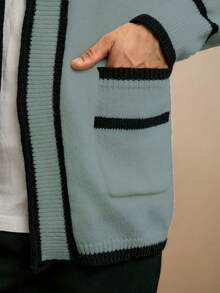 Manfinity Homme 男士休闲撞色滚边宽松开衫，适合工作、上学、秋冬季穿着，长袖上衣 - 淺藍色 - 查看 5