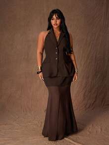 Rustia Plus Size Women Backless Halter Top & Chiffon Mermaid Hem Skirt 2 Pieces Set - Coffee Brown - View 4