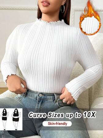 SHEIN CURVE+ 大码女式黑色高领长袖T恤，秋季基础款上衣