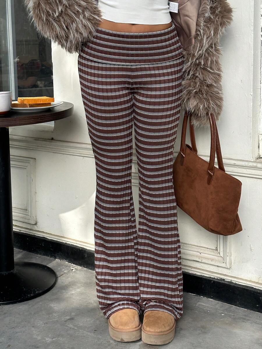 SHEIN EZwear Brown Striped Pattern Casual Versatile Flare Leg Knit Pants, Casual For Women, Autumn - Brown - View 1