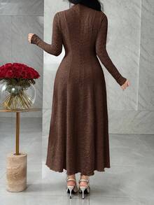 Feyla Women's Solid Color Stand Collar Long Sleeve Gathered Waist Ruffle Hem Elegant Jacquard Dress - Coffee Brown - View 2