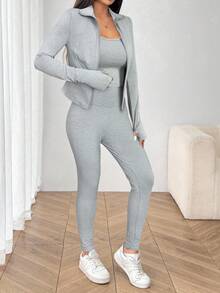 SHEIN EZwear 3件組女款針織純色極簡長袖上衣與長褲運動套裝 灰色 2件套休閒套裝 女款居家套裝 - 灰色 - 查看 4