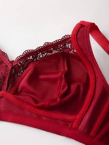 DesireSculpt 1件加大码女士纯色撞色蕾丝无钢圈文胸 - 酒紅色 - 查看 6