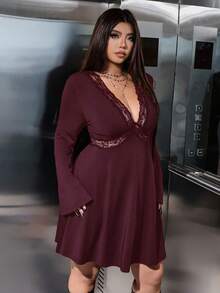 SHEIN EZwear Váy dài tay hở vai cổ chữ V sâu phối ren màu trơn cỡ lớn gợi cảm - Màu Đỏ Sâu - Xem 3