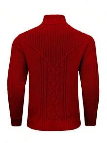 Calvornis Men's Dark Red Solid Stand Collar Button Detail Sweater,Winter Casual Knitted Cable Knit Turtleneck,Family Matching Long Sleeve Top For Fall - Burgundy - View 2