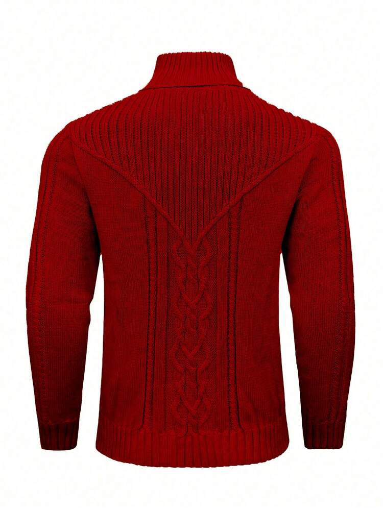 Men's Solid Color Stand Collar Button Detail Sweater, Men Red Sweater, Men Turtleneck Sweater, Men Knitted Sweater, Men Cable Knit Sweater, Men Winter Sweater, For Fall, Long Sleeve Top