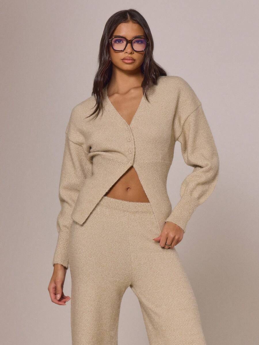 MUSERA Cinched Waist Split Hem Vneck Button Through Knitted Cardigan Autumn Winter Cottage Core Cute Cosy Holidays Country Calling - Camel - View 1