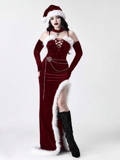 Gothic Style Velvet Patchwork Fur Trim High Slit Fitted Dress