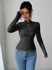Elenzga Áo thun nữ cài nút vải jacquard trơn màu thanh lịch, mùa thu - màu đen - Xem 4