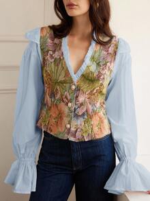 Aveloria Rosie Blouse à manches extra longues avec col à volants en contraste, en tissu jacquard mode, patchwork en faux tencel, pour le début de l'automne - Bleu azur - Voir 4
